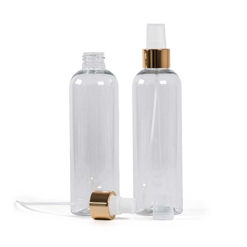 Clear Plastic Bottle, White Spray With Glossy Gold Collar, 250 ml