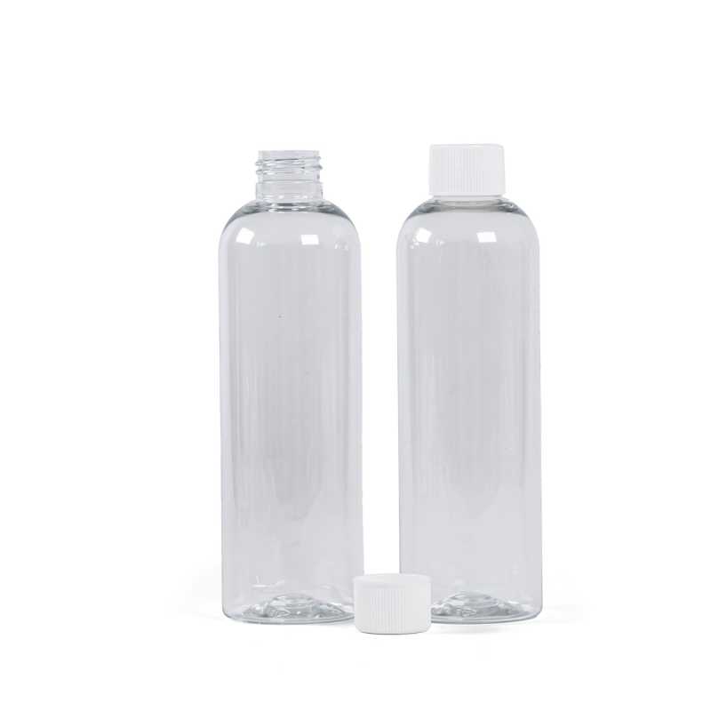 Clear Plastic Bottle, White Plastic Cap, 250 ml