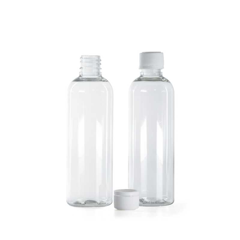 Clear Plastic Bottle, White Safety Cap, 100 ml