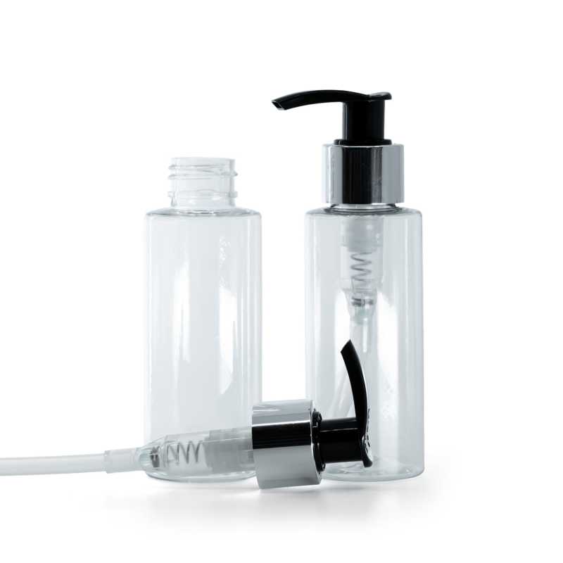 Clear Plastic Bottle, Black Lotion Pump With Glossy Silver Collar, 100 ml