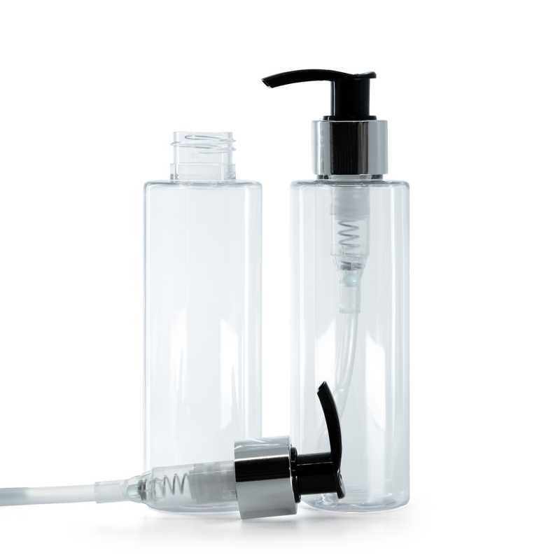 Clear Plastic Bottle, Black Lotion Pump With Glossy Silver Collar, 150 ml