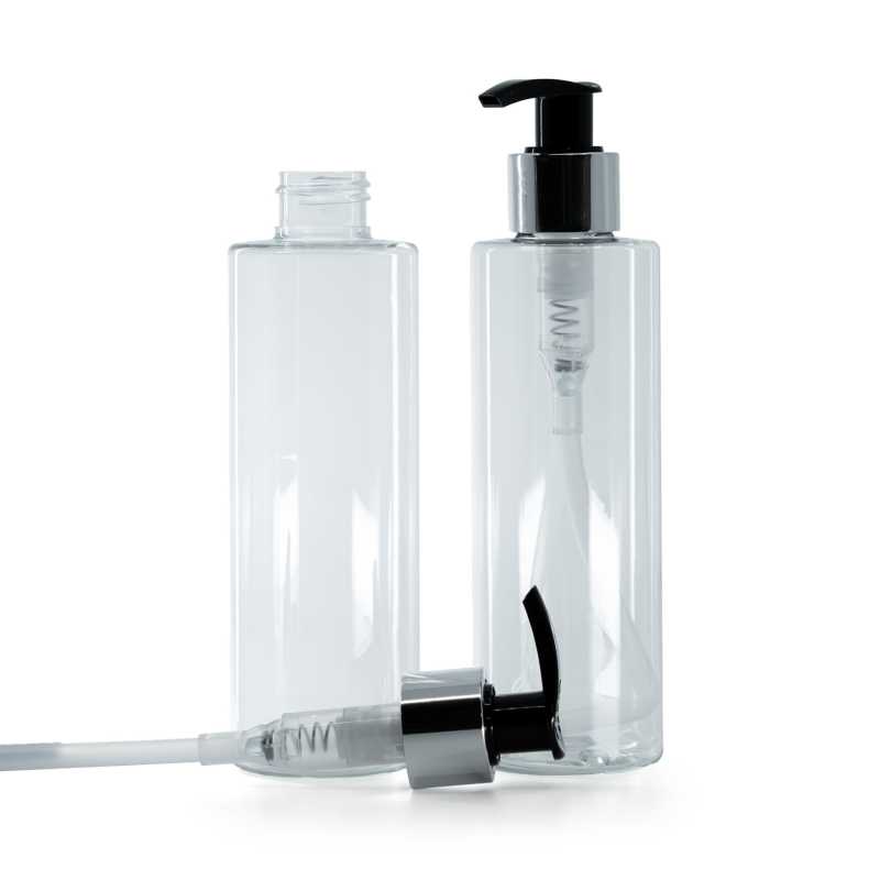 Clear Plastic Bottle, Black Lotion Pump With Glossy Silver Collar, 200 ml