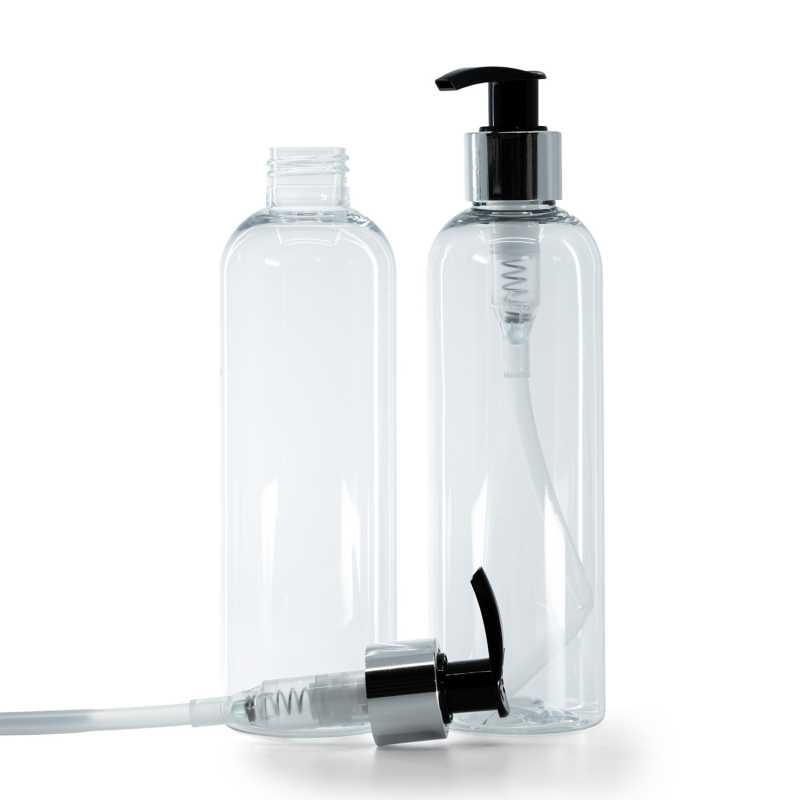 Clear Plastic Bottle, Black Lotion Pump With Glossy Silver Collar, 250 ml