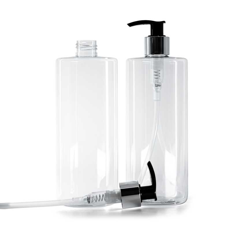Clear Plastic Bottle, Black Lotion Pump With Glossy Silver Collar, 500 ml