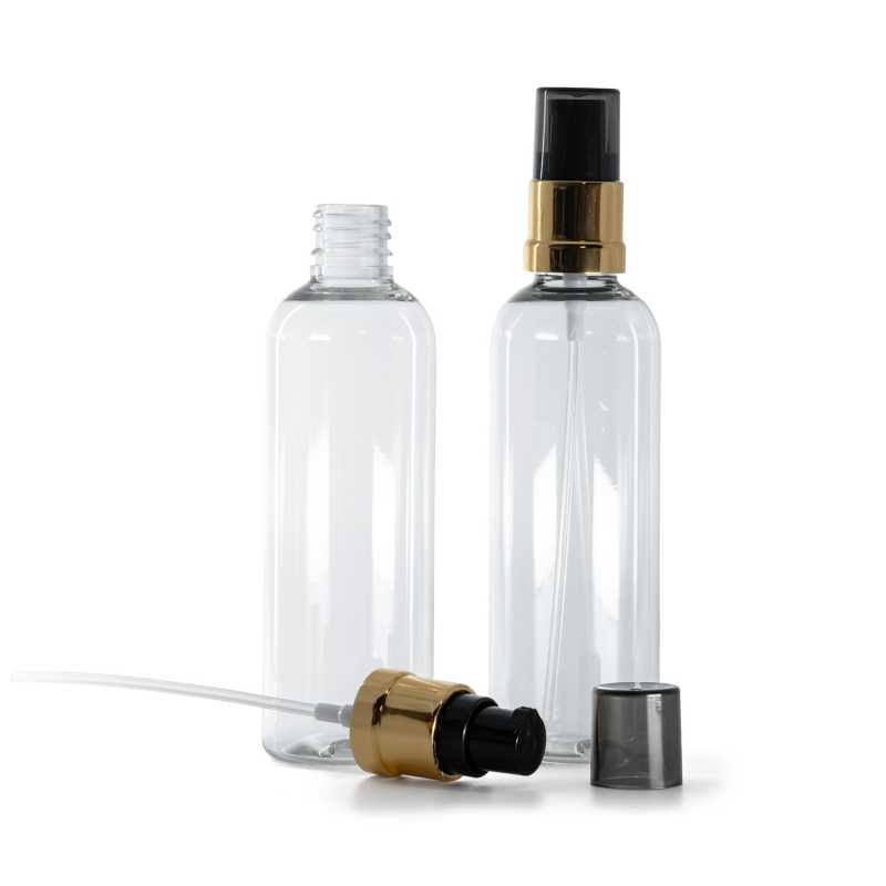 Clear Plastic Bottle, Glossy Golden Black Pump with Smoky Overcap, 100 ml