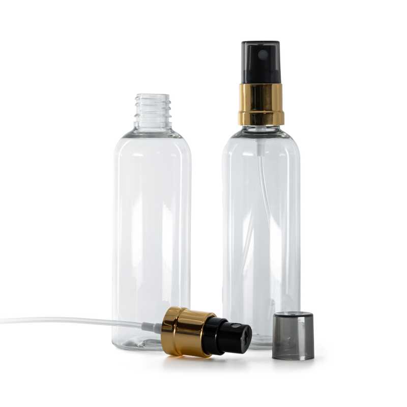 Clear Plastic Bottle, Gold Black Spray, Smokey Overcap, 100 ml