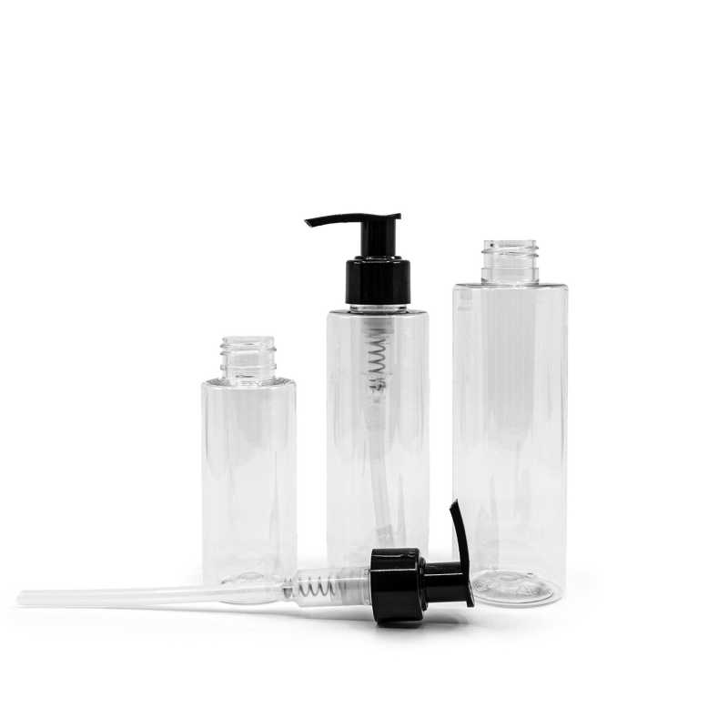 Transparent plastic bottle, ideal for storing a variety of liquids, oils, lotions, etc. It is semi-rigid, but can be squeezed.
Material: PET
Volume: 100 ml, t