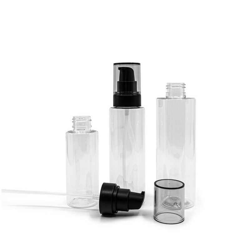 Transparent plastic bottle, ideal for storing a variety of liquids, oils, lotions, etc. It is semi-rigid, but can be squeezed.
Material: PET
Volume: 100 ml, t