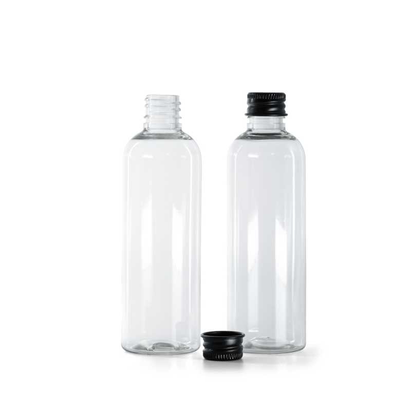 Clear Plastic Bottle, Black Aluminium Cap, 100 ml