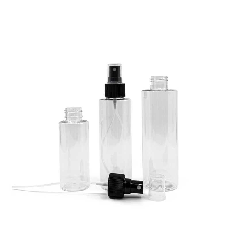 Transparent plastic bottle, ideal for storing a variety of liquids, oils, lotions, etc. It is semi-rigid, but can be squeezed.
Material: PET
Volume: 100 ml, t