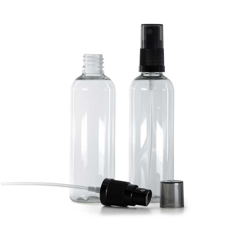 Clear Plastic Bottle, Black Fine Mist Sprayer, Smoky Overcap, 100 ml