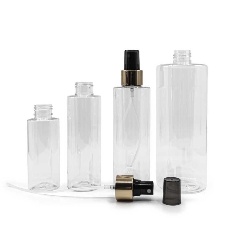 Clear Plastic Bottle, Black Spray With Glossy Gold Collar, 100 ml