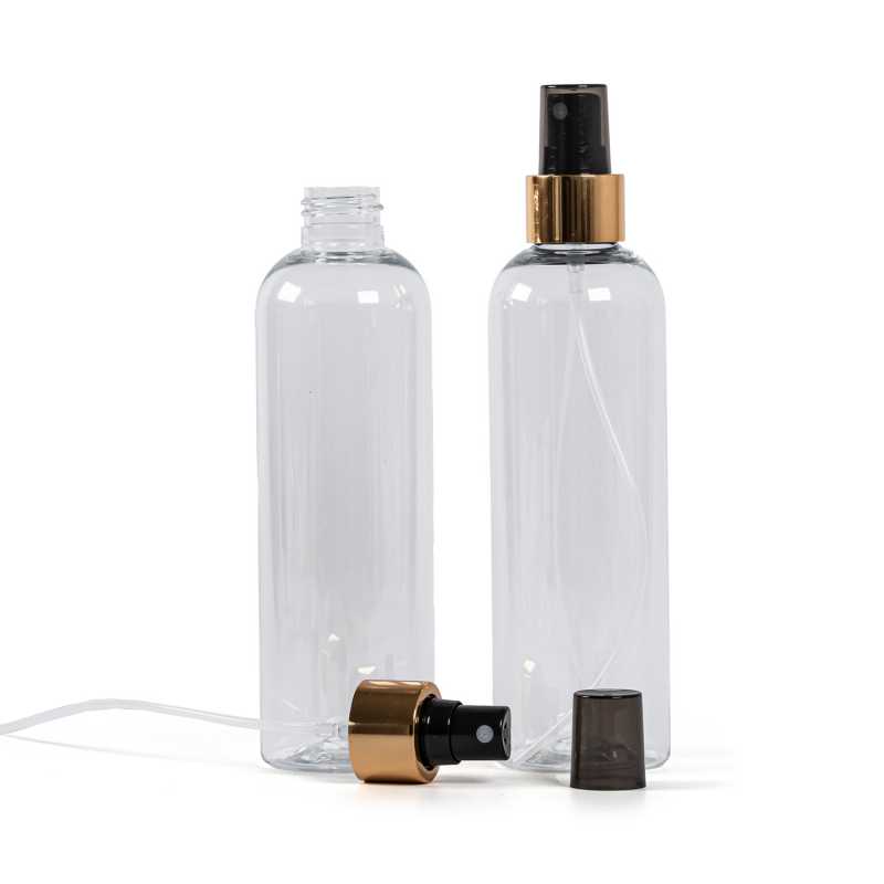 Clear Plastic Bottle, Black Spray With Glossy Gold Collar, 250 ml