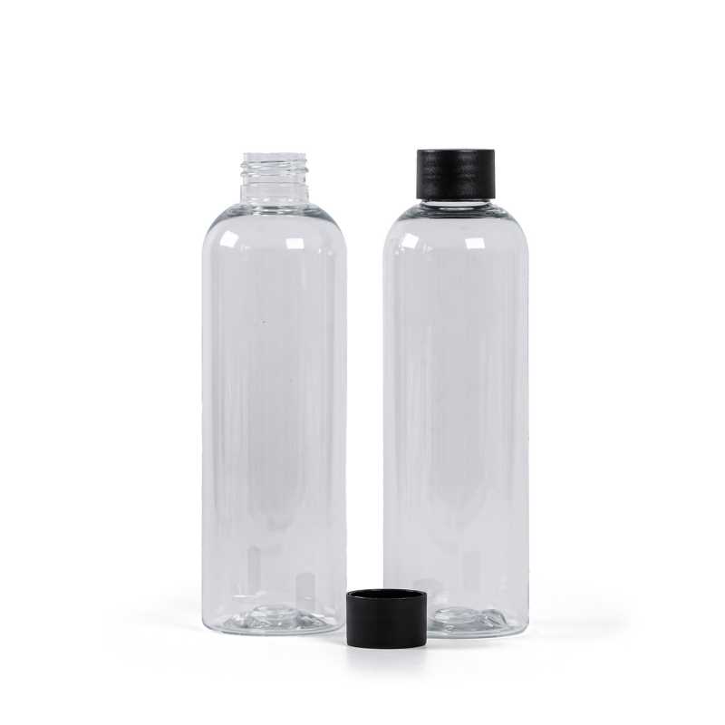 Clear Plastic Bottle, 24/410, Black Plastic Cap, 250 ml