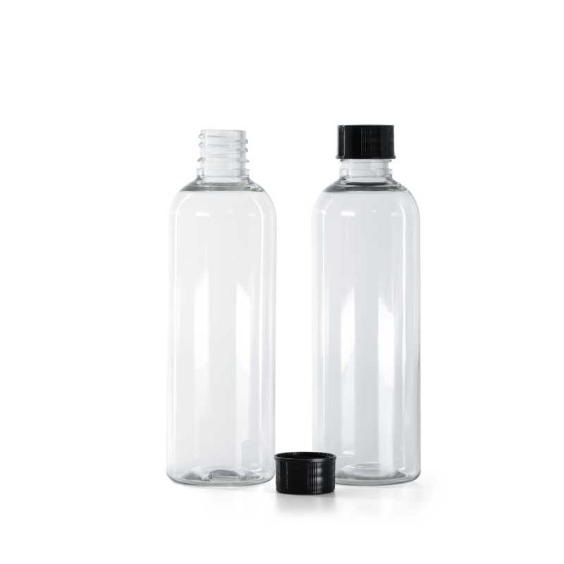 Clear Plastic Bottle, Black Plastic Cap, 18/410, 100 ml