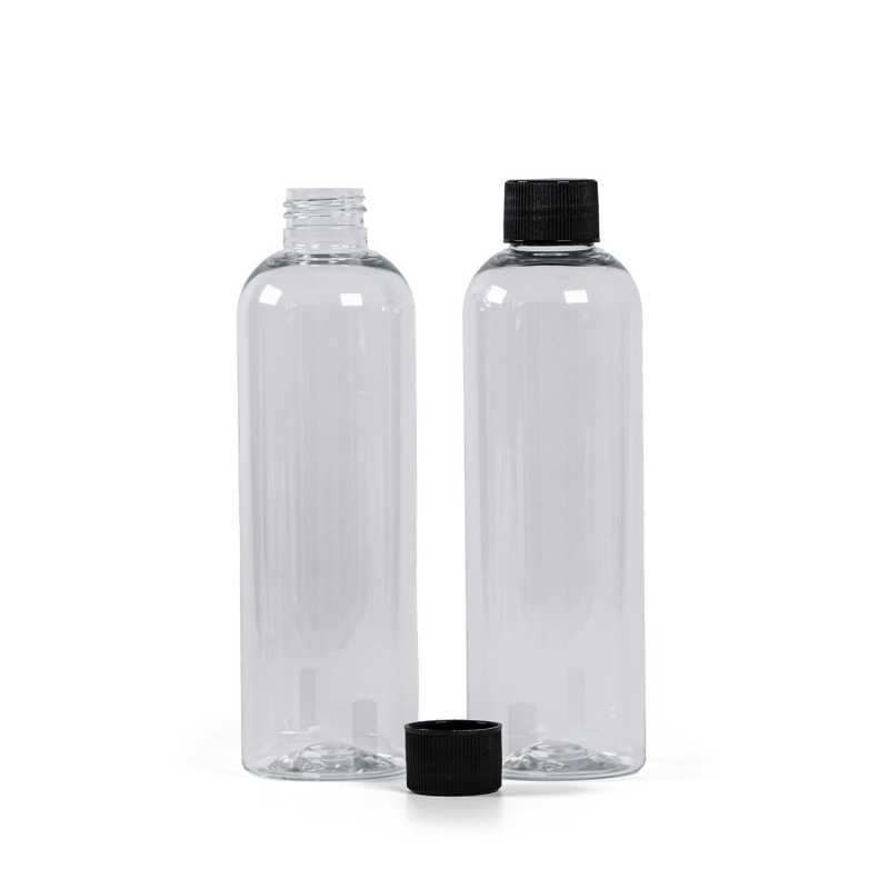 Clear Plastic Bottle, Black Ribbed Plastic Cap, 250 ml