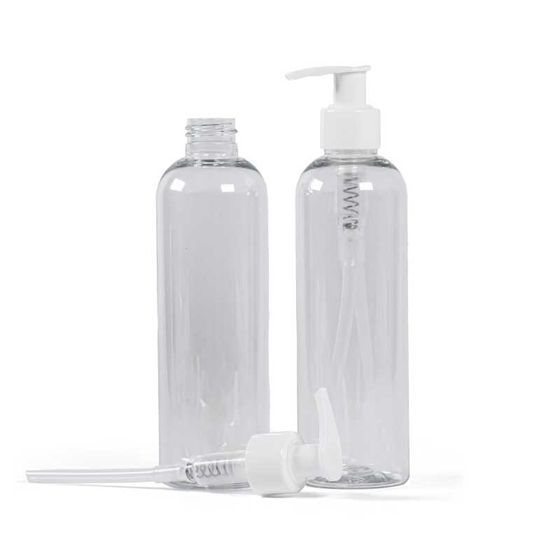 Clear Plastic Bottle, White Plastic Pump, 250 ml