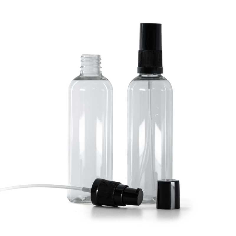 Clear Plastic Bottle, Black Lotion Pump with Black Overcap, 100 ml