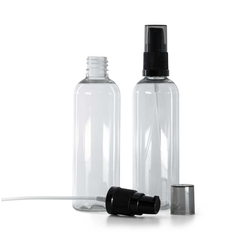 Clear Plastic Bottle, Black Lotion Pump with Smokey Overcap, 100 ml