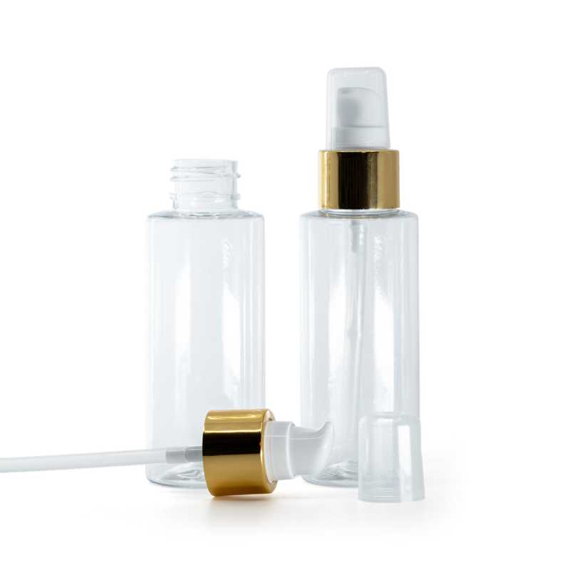 Clear Plastic Bottle, White Lotion Pump With Overcap, Glossy Gold, 100 ml