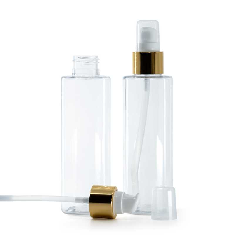 Clear Plastic Bottle, White Lotion Pump With Overcap, Glossy Gold, 150 ml