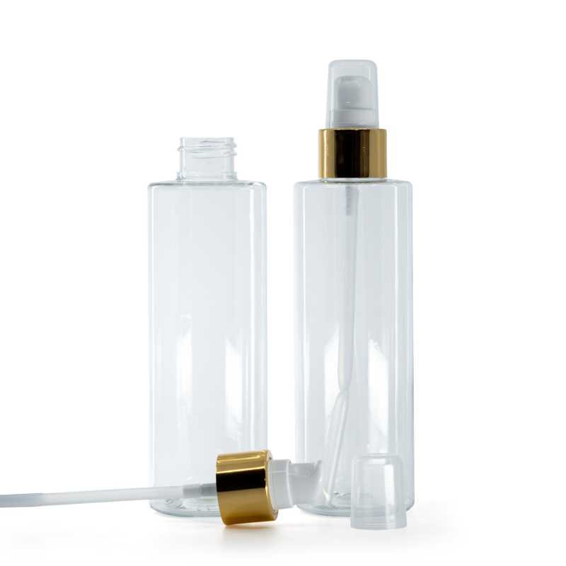 Clear Plastic Bottle, White Lotion Pump With Overcap, Glossy Gold, 200 ml