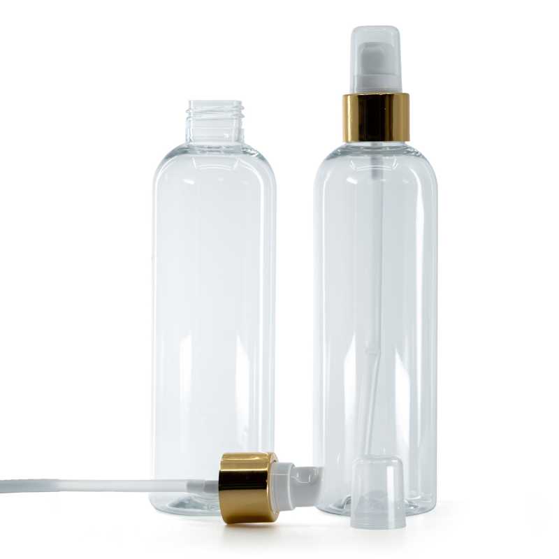 Clear Plastic Bottle, White Lotion Pump With Overcap, Glossy Gold, 250 ml