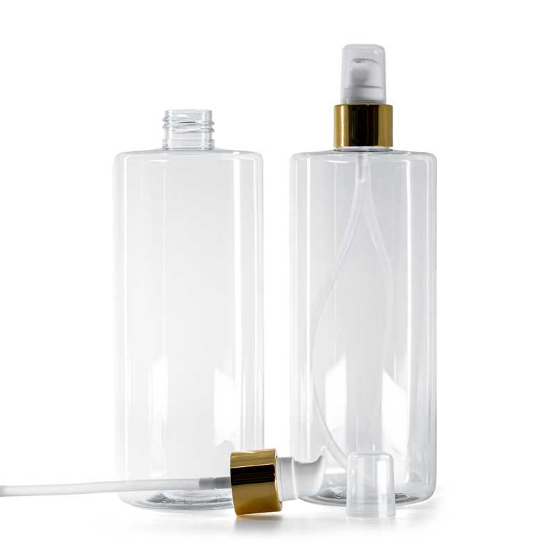Clear Plastic Bottle, White Lotion Pump With Overcap, Glossy Gold, 500 ml