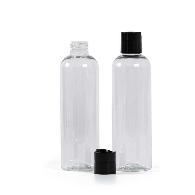 Clear Plastic Bottle, Black Disc Top, 250 ml