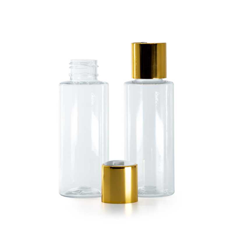 Clear Plastic Bottle, White Plastic Flip Top With Golden Aluminum Collar, 100 ml