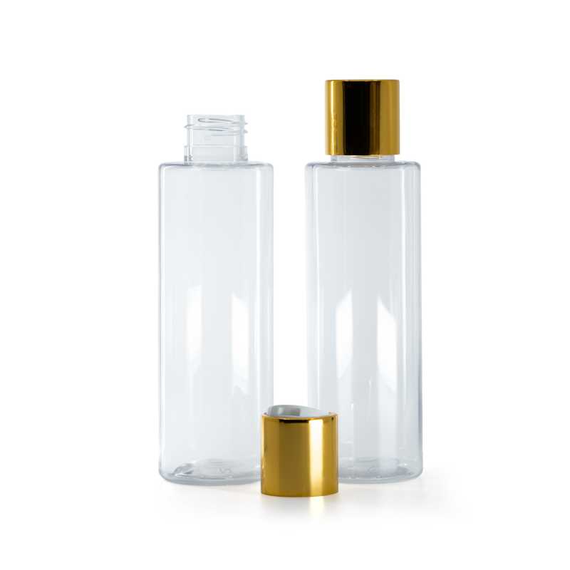 Clear Plastic Bottle, White Plastic Flip Top With Golden Aluminum Collar, 150 ml