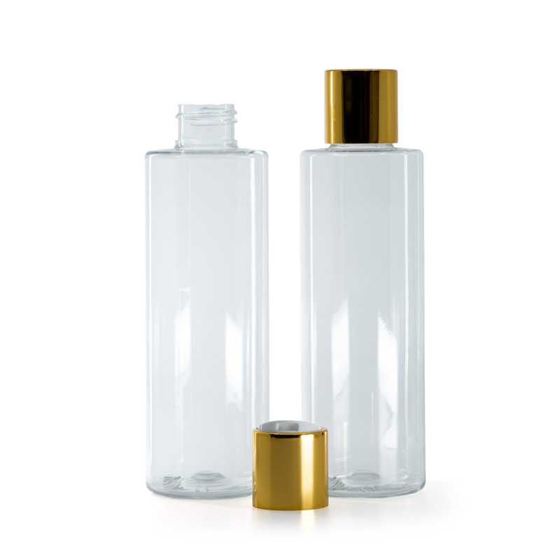 Clear Plastic Bottle, White Plastic Flip Top With Golden Aluminum Collar, 200 ml