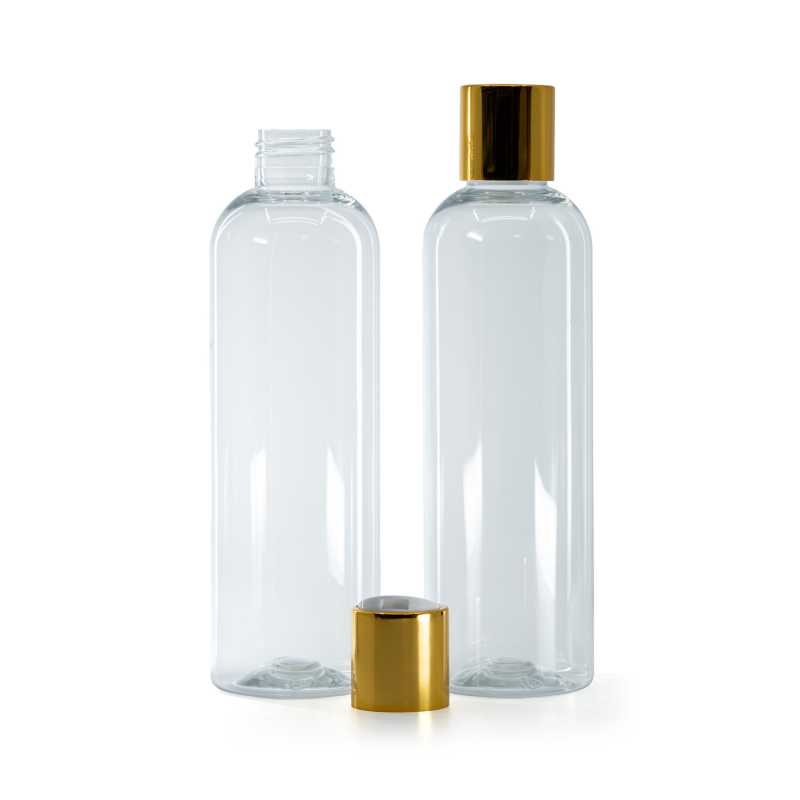 Clear Plastic Bottle, White Plastic Flip Top With Golden Aluminum Collar, 250 ml