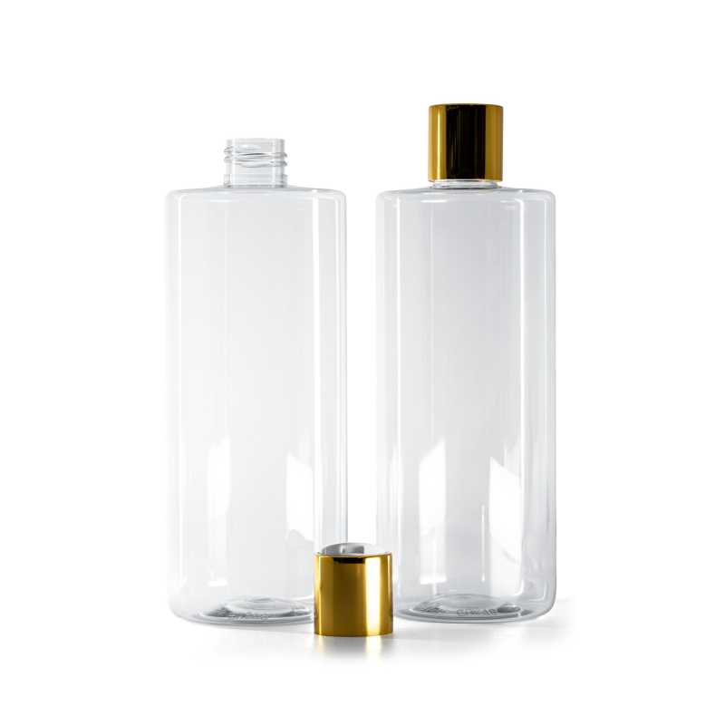 Clear Plastic Bottle, White Plastic Flip Top With Golden Aluminum Collar, 500 ml