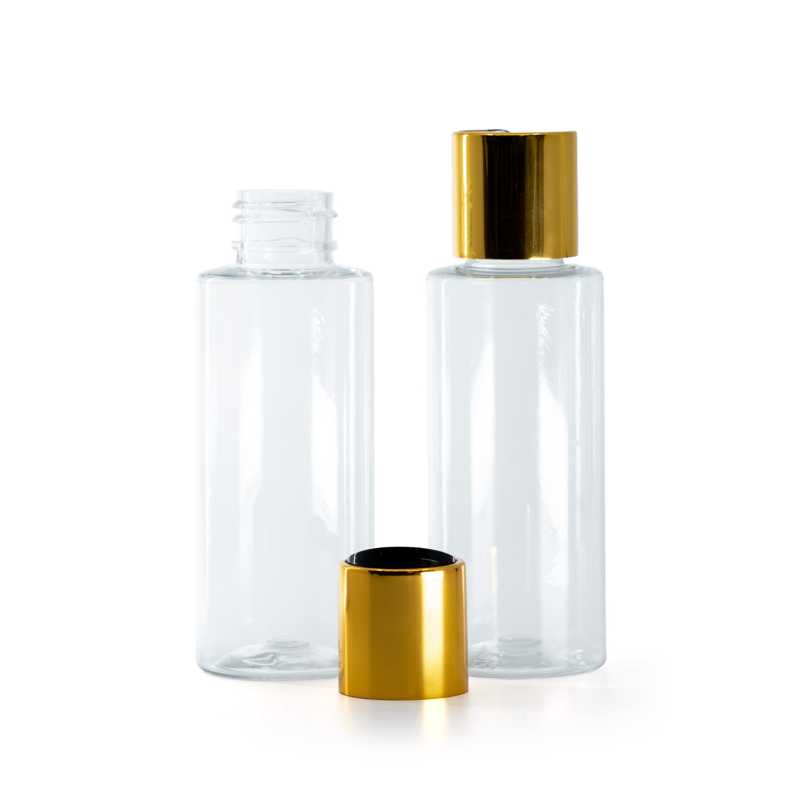 Clear Plastic Bottle, Black Plastic Flip Top With Golden Aluminum Collar, 100 ml