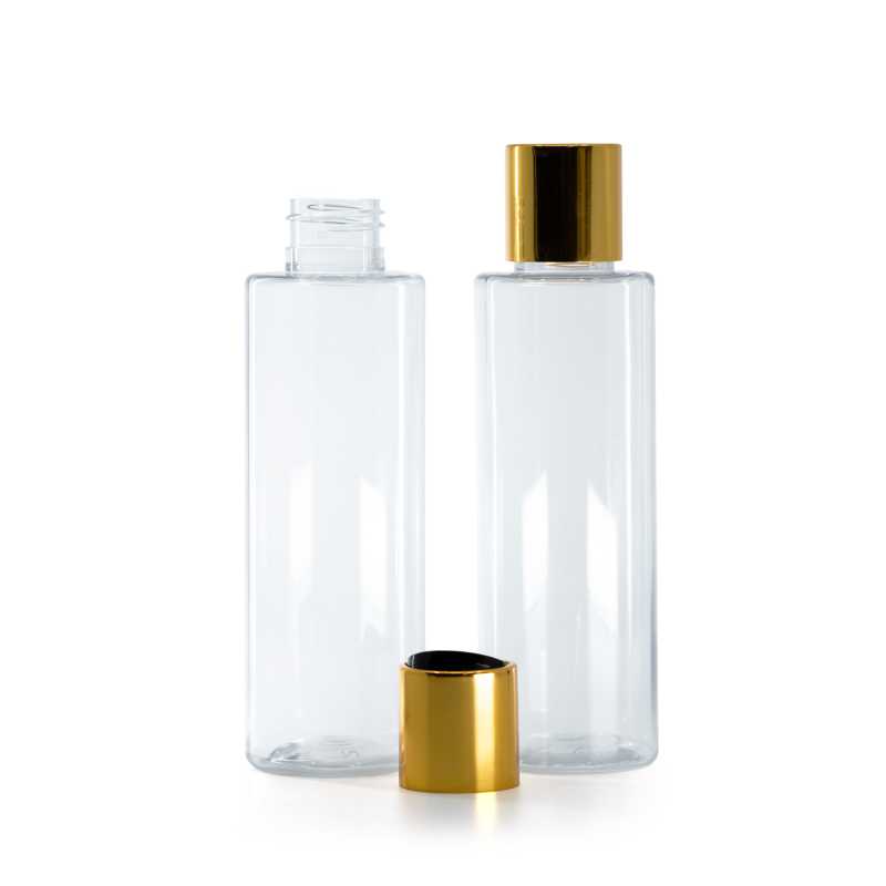 Clear Plastic Bottle, Black Plastic Flip Top With Golden Aluminum Collar, 150 ml