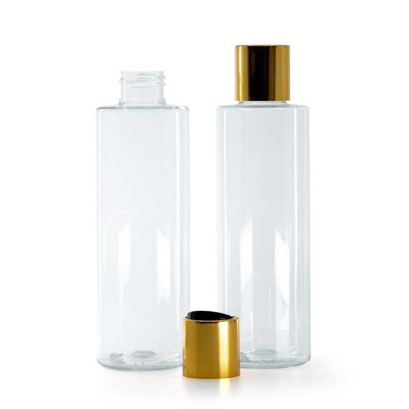 Clear Plastic Bottle, Black Plastic Flip Top With Golden Aluminum Collar, 200 ml