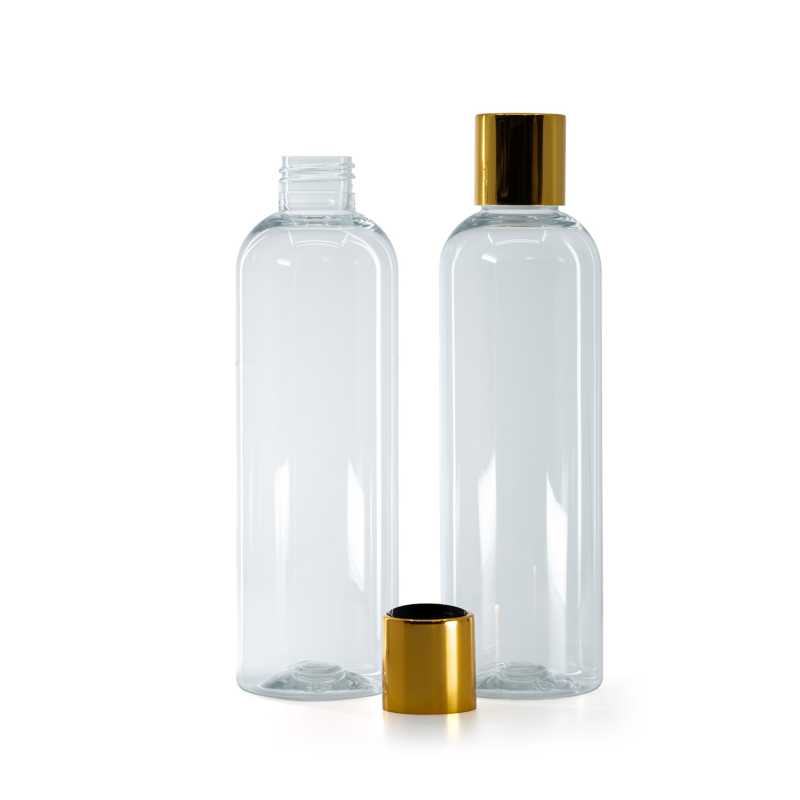 Clear Plastic Bottle, Black Plastic Flip Top With Golden Aluminum Collar, 250 ml