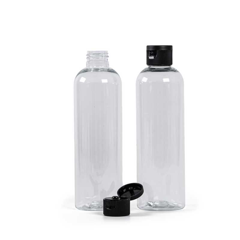 Clear Plastic Bottle, Black Flip Top, 250 ml