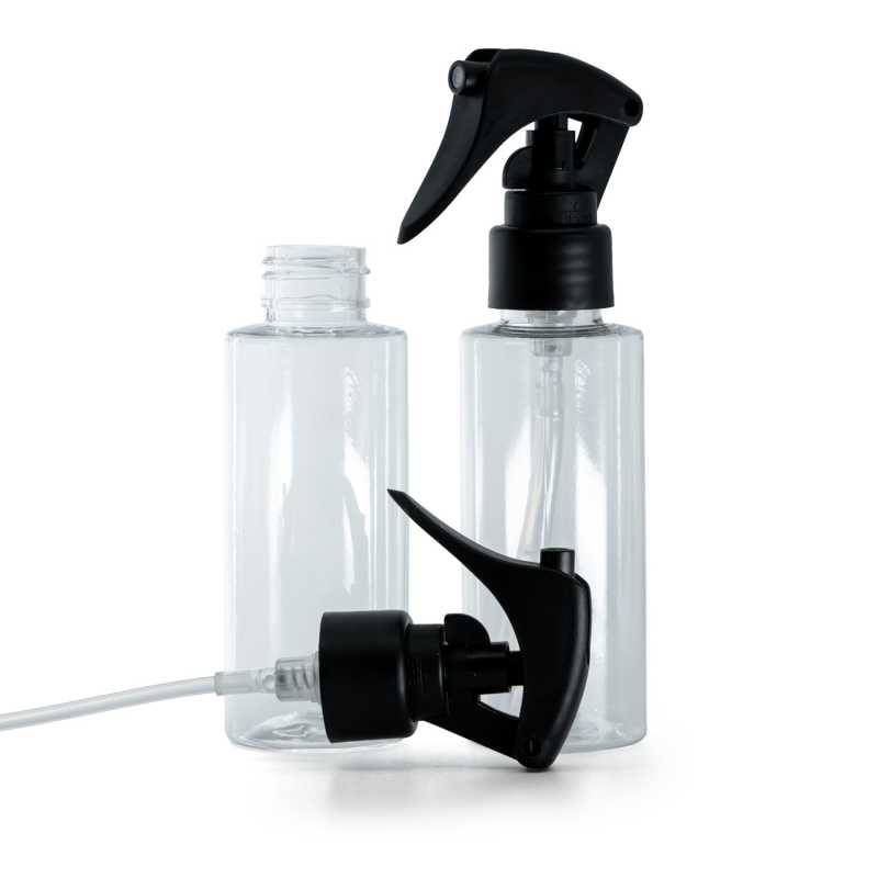 Clear Plastic Bottle, Mini Trigger Spray, Matte Black, Smooth Collar, 100 ml