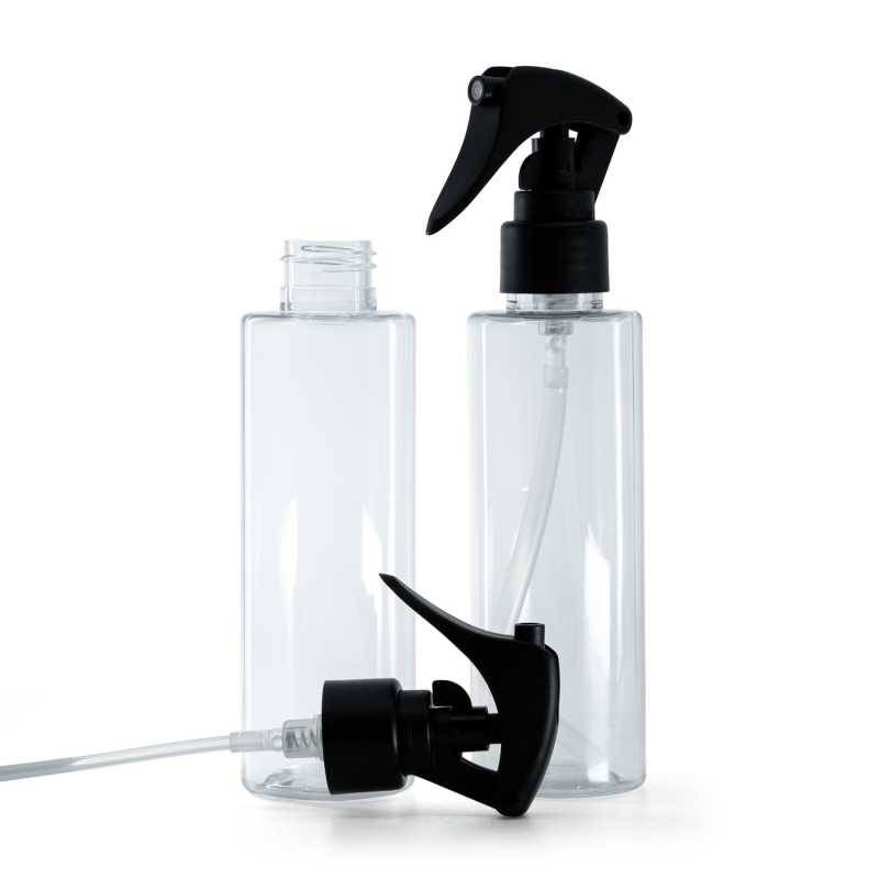 Clear Plastic Bottle, Mini Trigger Spray, Matte Black, Smooth Collar, 150 ml