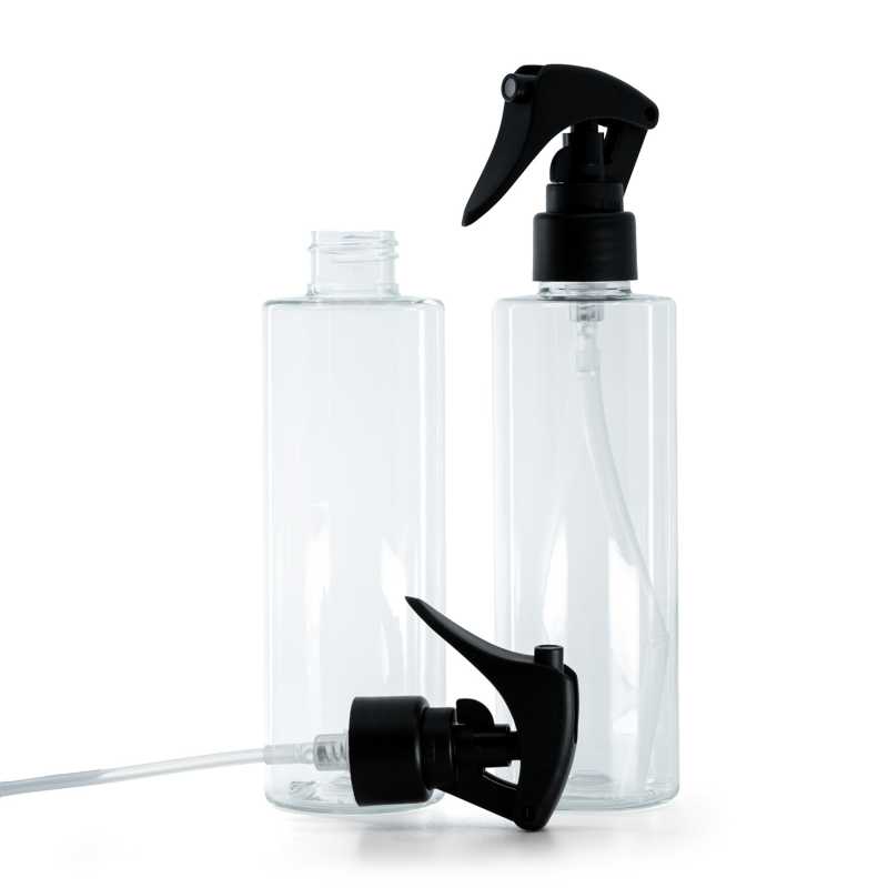 Clear Plastic Bottle, Mini Trigger Spray, Matte Black, Smooth Collar, 200 ml