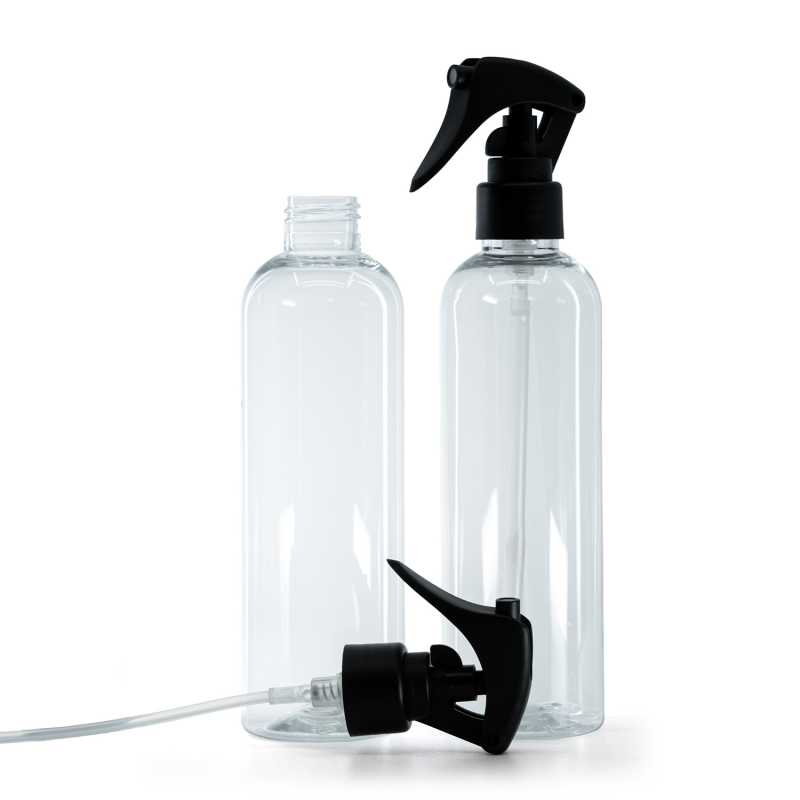 Clear Plastic Bottle, Mini Trigger Spray, Matte Black, Smooth Collar, 250 ml