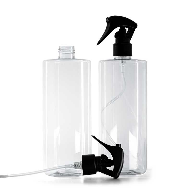 Clear Plastic Bottle, Mini Trigger Spray, Matte Black, Smooth Collar, 500 ml