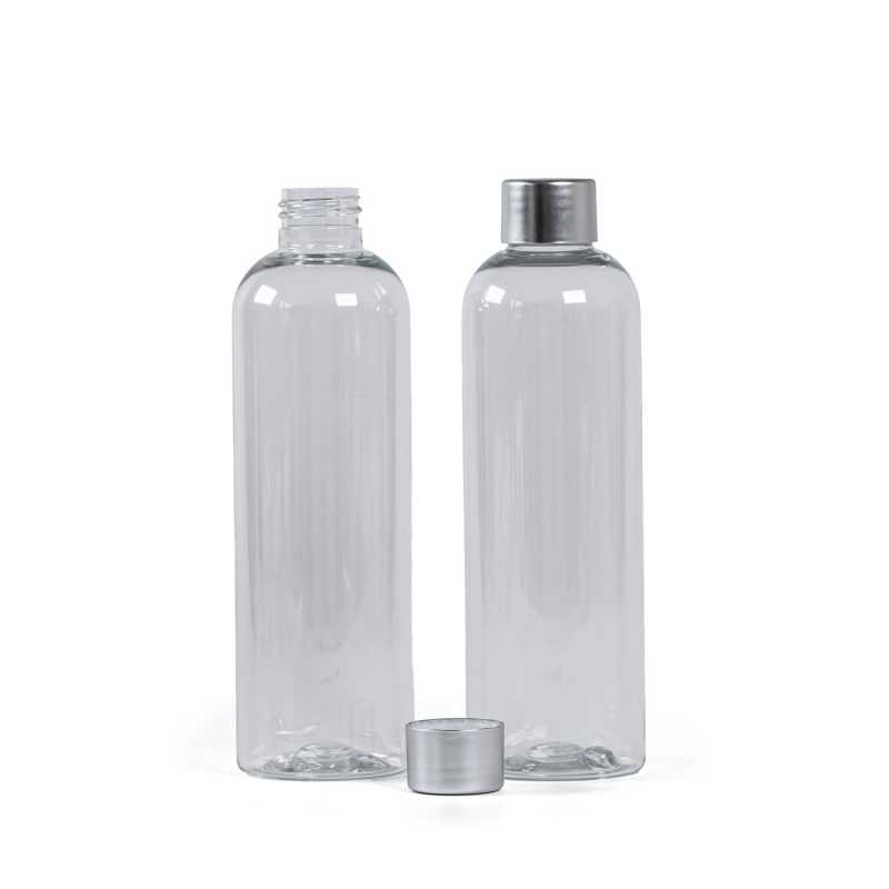 Clear Plastic Bottle, 24/410, Matte Silver Plastic Cap, 250 ml