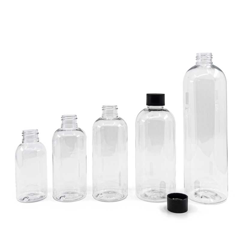 Rounded Clear Plastic Bottle, 24/410, Black Mat Plastic Cap, 300 ml