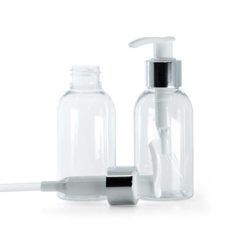 Rounded Clear Plastic Bottle, White Lotion Pump With Glossy Silver Collar, 100 ml