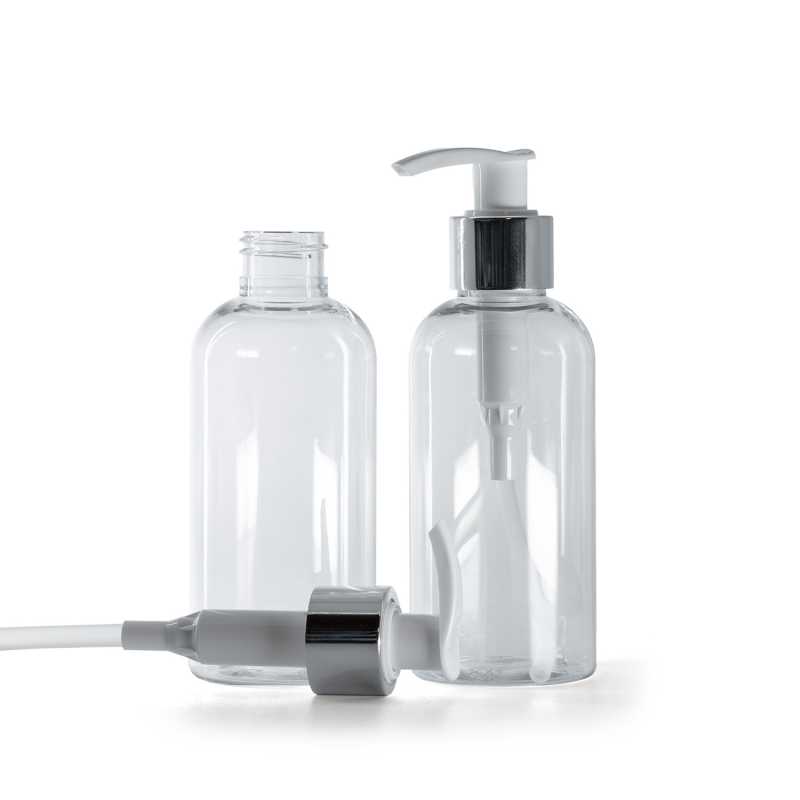 Rounded Clear Plastic Bottle, White Lotion Pump With Glossy Silver Collar, 150 ml