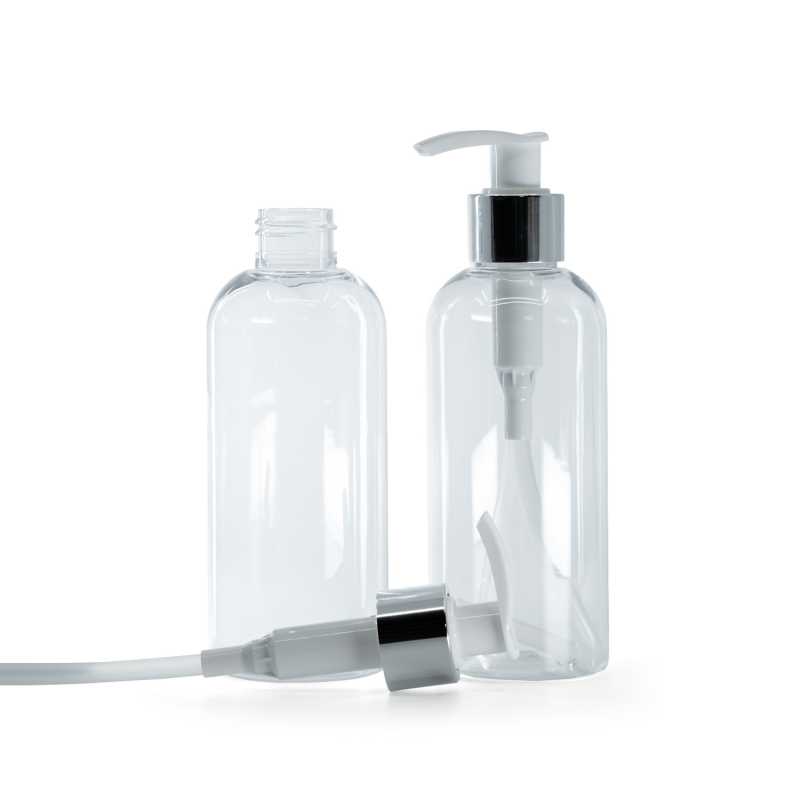 Rounded Clear Plastic Bottle, White Lotion Pump With Glossy Silver Collar, 200 ml