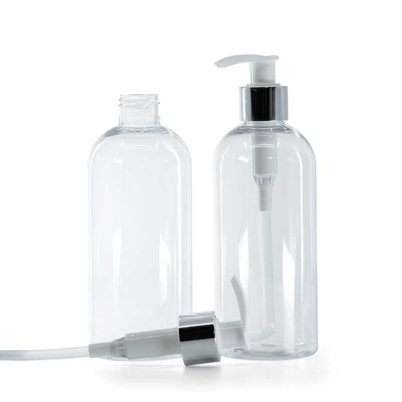 Rounded Clear Plastic Bottle, White Lotion Pump With Glossy Silver Collar, 300 ml
